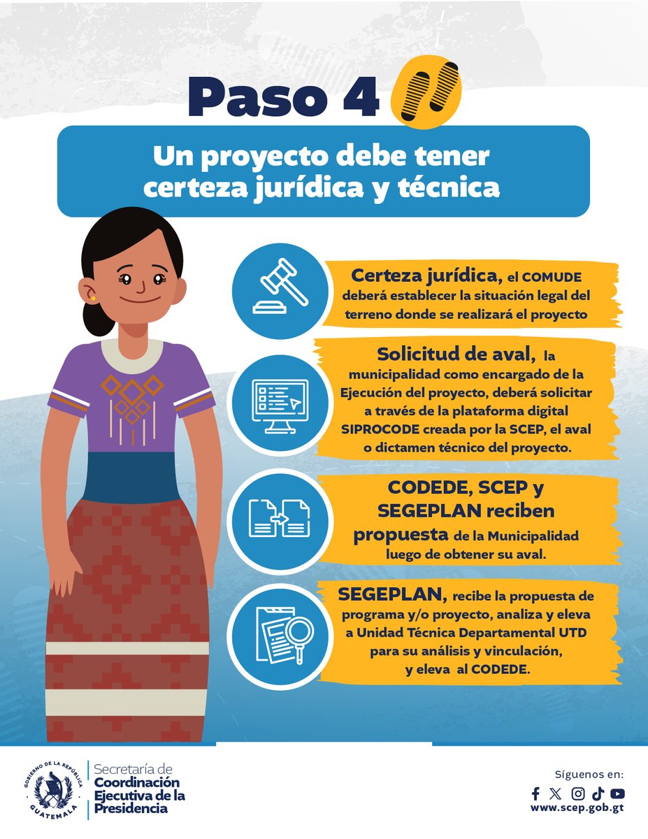 SCEPgt's tweet image. Conoce el paso 👣 4️⃣
Un proyecto debe contar con:

Certeza jurídica✅
Solicitud de aval✅
El #Codede, #SCEP🇬🇹 y @Segeplan reciben propuesta de las municipalidad✅
@Segeplan, recibe las propuestas par analizar y elevar a donde corresponde✅

#TransfiriendoPoderalaGente