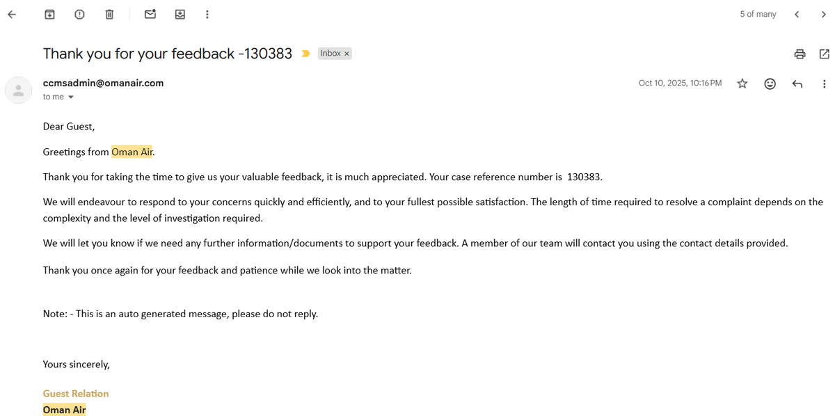 <a href="/omanair/">Oman Air</a> provided wonderful service. This time cheated &amp; harassed me at the Airport. charged me without providing service. I have raised my concern, but no one contacted me. <a href="/omanair/">Oman Air</a>, more details under Feedback-130383. Below screenshot for ur reference. @ConKorfiatis Thank you.