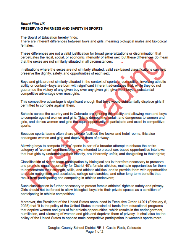 KyleClark's tweet photo. NEW: The conservative majority on the Douglas County (CO) school board, voted out of office this week, has put a ban on trans girls in sports on the agenda for their final meeting on Nov 11. A district spokesperson says it will be up for discussion but not a vote. #copolitics https://t.co/86d93Sq8p5