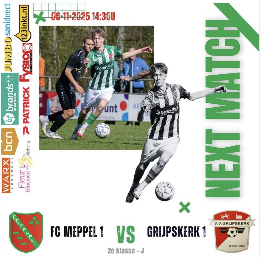 MATCHDAY de topper tegen <a href="/vvgrijpskerk/">VV Grijpskerk</a> . Blijven de 3 punten in Meppel? Kom langs en support FC Meppel. Aanvangstijd 14.30