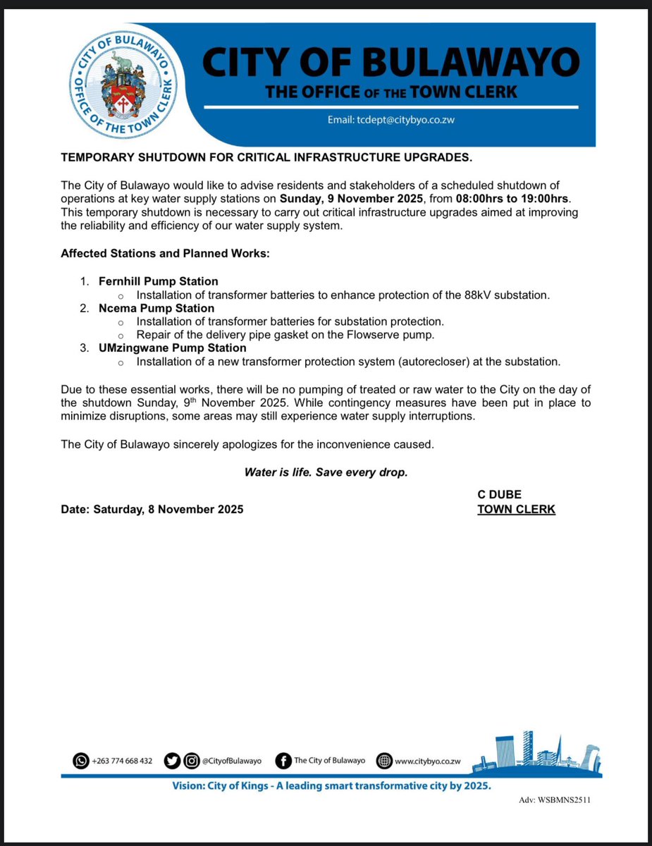 CityofBulawayo's tweet photo. Notice:- Temporary Shutdown for Critical Infrastructure Upgrades. https://t.co/rGRti4pTge