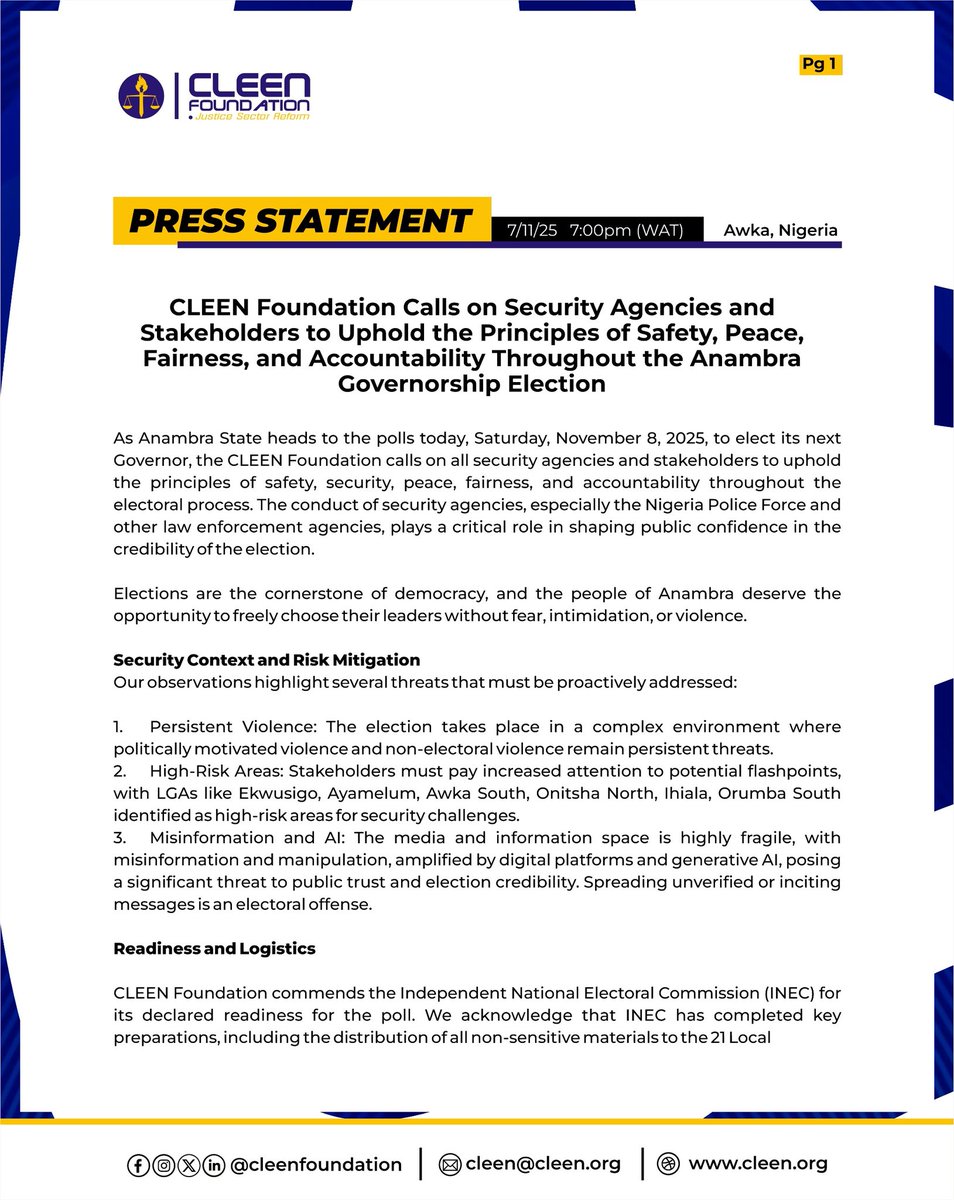 cleenfoundation's tweet photo. Here's our preliminary statement on the anambra election. 

We are ready for the task ahead. 
Read statement here.

https://t.co/QUdZPZCStJ

#AnambraDecides2025 #ElectionSecurity #CLEENFoundation #CLEENESSC2025 https://t.co/y318jsM2Ob