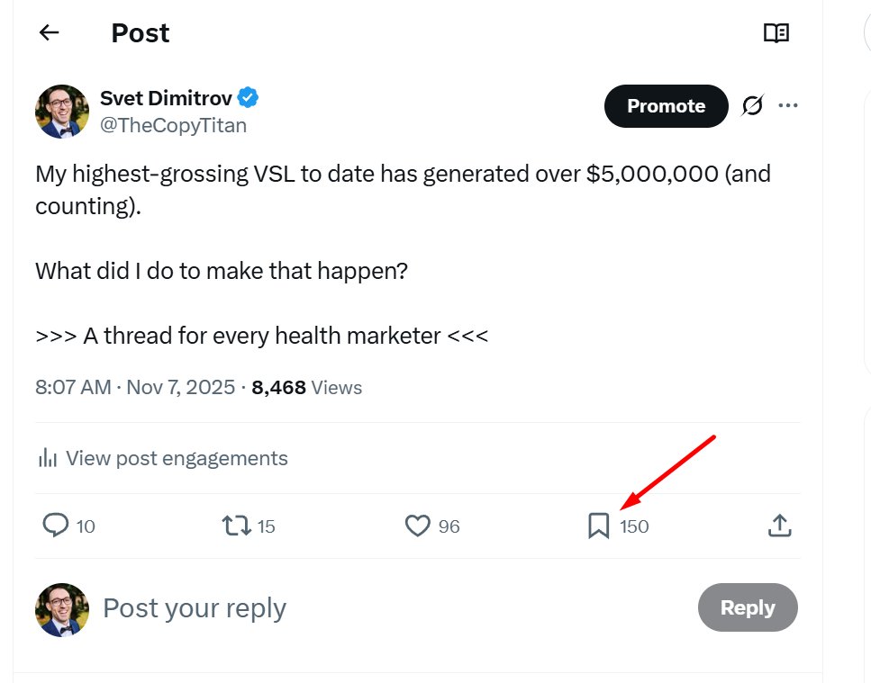 Yesterday, I published one of my best threads here.

And it got decent traction.

But in the first 2 hours, it had around 150 views.

Then, I re-shared it with a short caption, and it took off nicely.

And yet, the number of bookmarks is 50% higher than the number of likes.