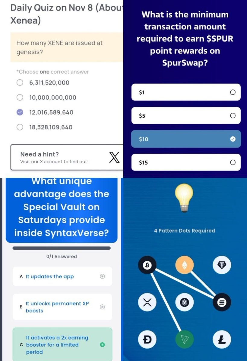 coinnetwor82855's tweet image. 🔥 TODAY’S CRYPTO QUIZ ANSWERS – 08.11.2025 🔥
💎 Claim your daily wins &amp;amp; boost your rewards! 💎

🏆 #Arichain → Ended (check daily 👀)
🏆 #Xenea → C
🏆 #MarinaProtocol → D
🏆 #SpurProtocol → C
🏆 #Syntaxverse → C
🏆 #Knovus → A

🧠 #SyntaxVaultcombo → 8 • 1 • 6 • 2

🚀…