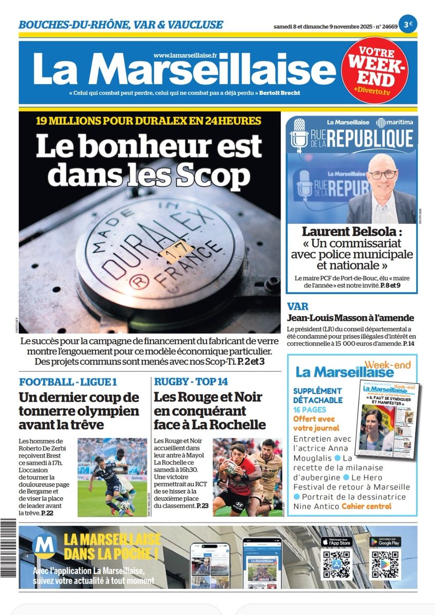LeoPurguette's tweet photo. #ÀlaUne des 8 et 9 novembre 2025 #Duralex #Scop #ScopTI #CPMM #CGT #OM #TeamOM #Rugby #RCT #Var #RueDeLaRépublique #LaurentBelsola #PortDeBouc #WeekEnd
En kiosque et par abonnement sur https://t.co/v33E8KiMef https://t.co/DoyVjh5wwy