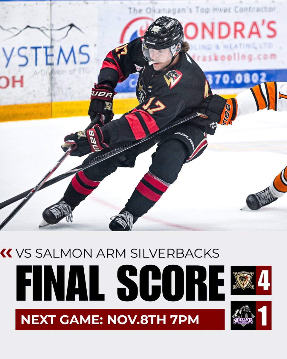 BCHLWarriors's tweet image. Final: Warriors 4 – Silverbacks 1
Road win locked in! 🔒🔥
Next Game: Nov.8th at RLP