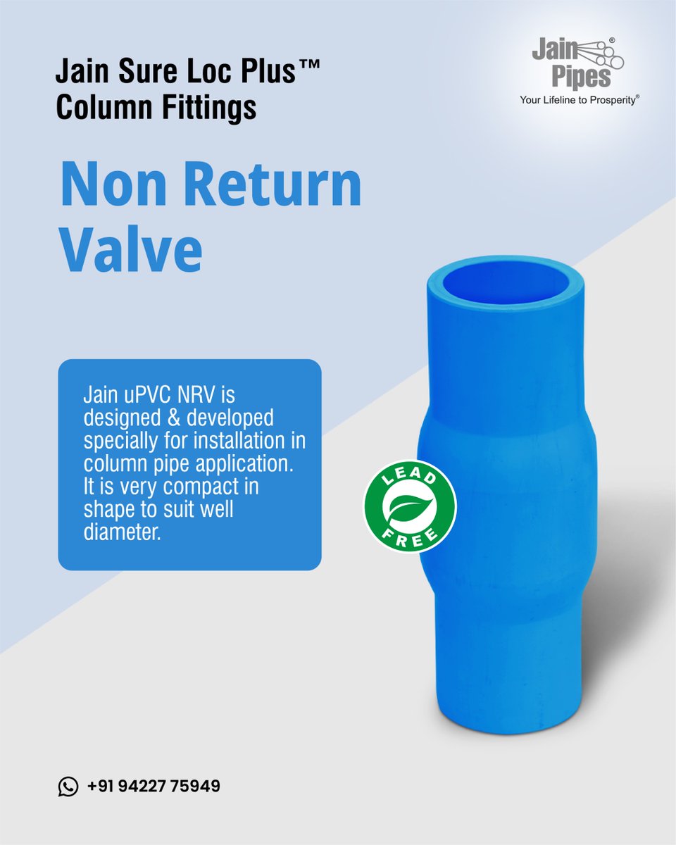 Jainpipes's tweet image. Optimal Performance Starts Here.
The Jain uPVC Non-Return Valve is precisely engineered for column pipe installations, offering a compact design that fits effortlessly into well diameters. Experience reliable, unimpeded water flow.
