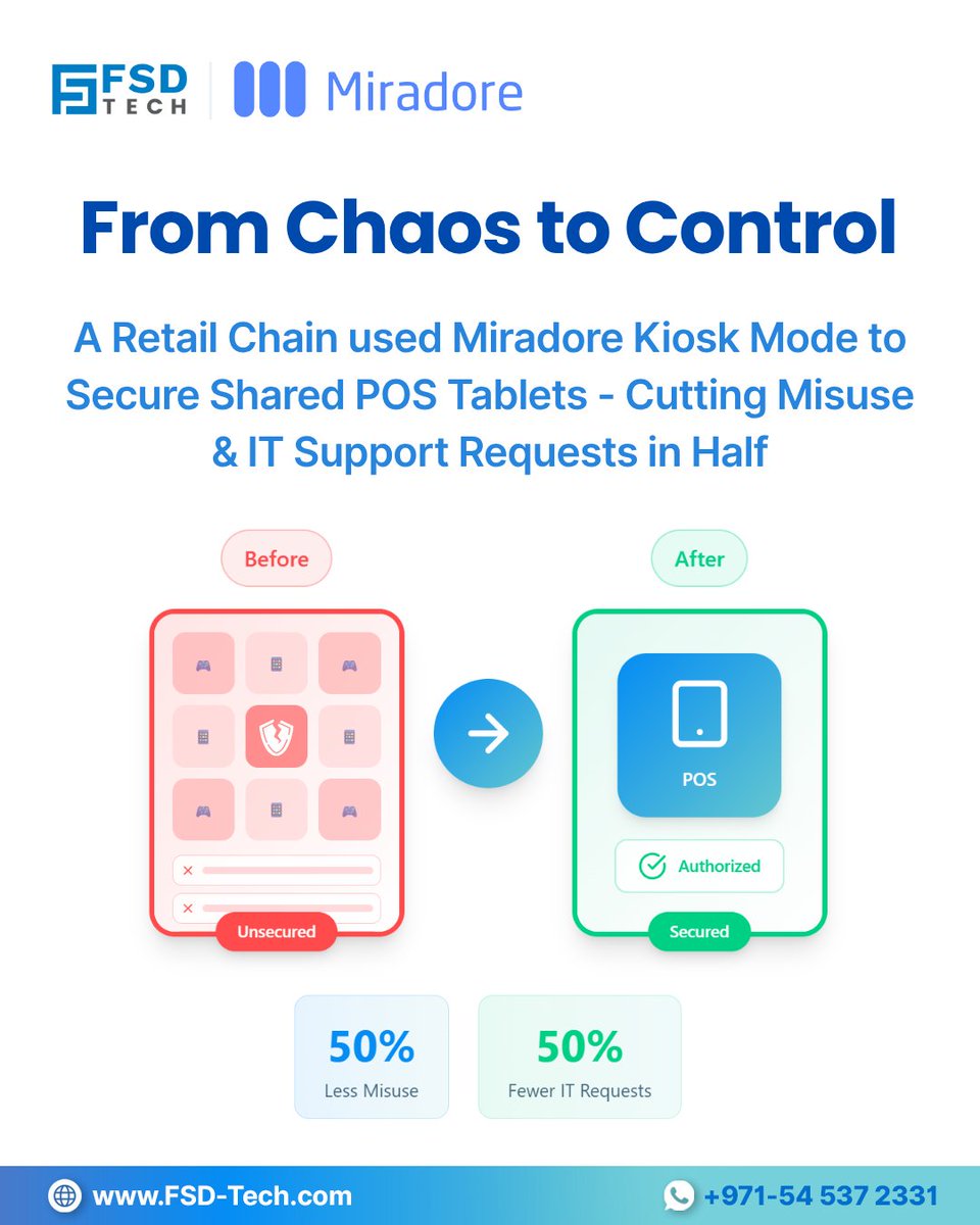 FsdTechnologies's tweet image. Lock Down. Stay Secure. 🔒
Use Miradore Kiosk Mode To Restrict Devices To Single Or Multi-App Use — Perfect For Retail, Education, And Field Teams.

 ⚙ Remote Control
📱Focused Device Usage

Blog: blogs.fsd-tech.com/miradore-kiosk…

#Miradore #EMM #DeviceManagement #ITSecurity #Compliance
