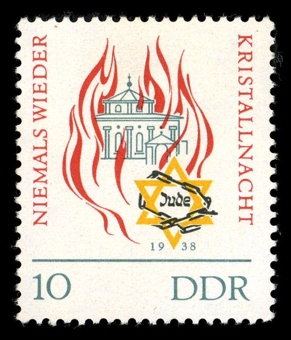 8 November 1963: ‚Niemals wieder Kristallnacht‘ - stamp issued in the GDR to mark the 25th anniversary of anti-Jewish pogroms in Nazi Germany