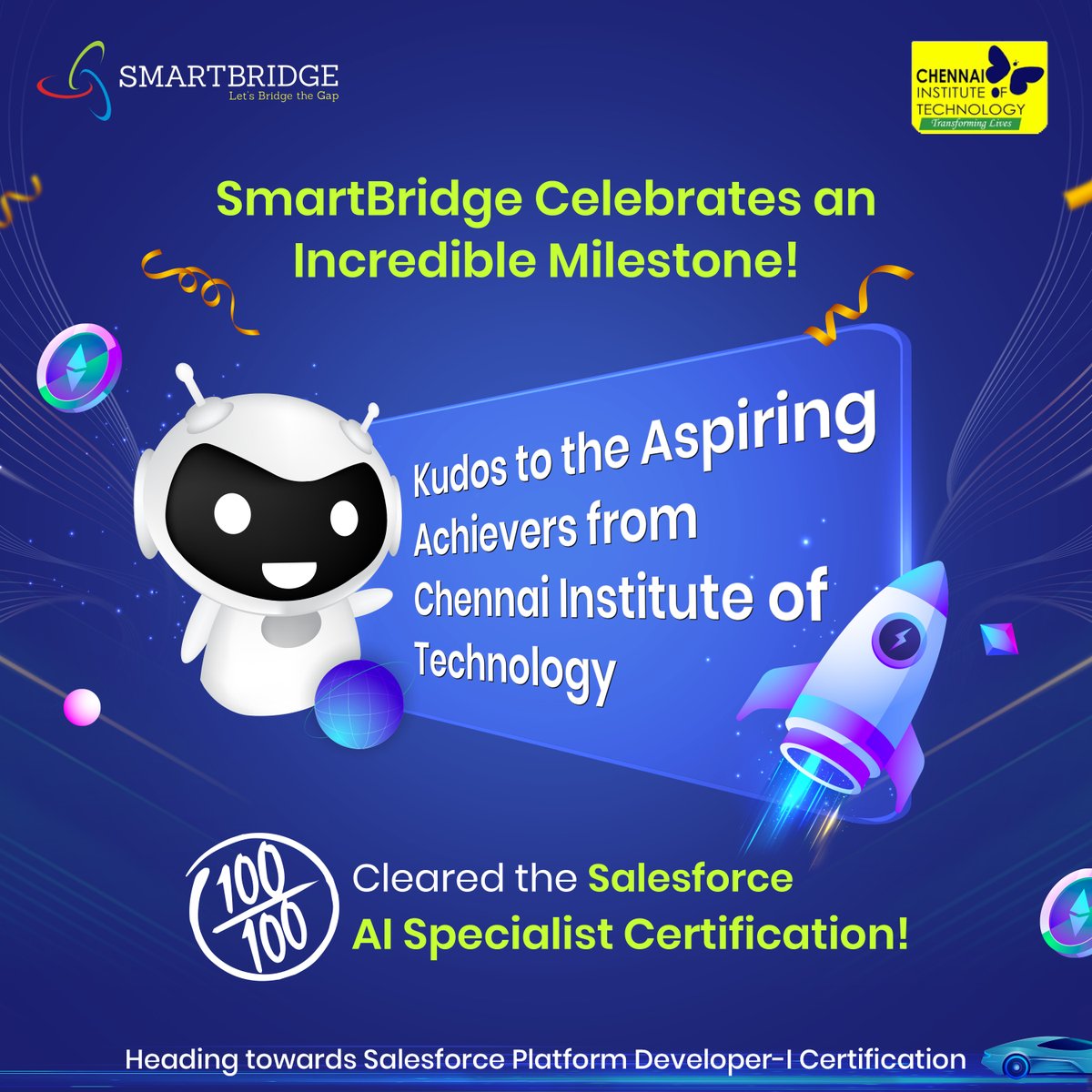 thesmartbridge's tweet image. 🎉 100 learners, one goal — success unlocked!

#SmartBridge celebrates 100 students from Chennai Institute of Technology achieving a 100% success rate in the Salesforce AI Specialist Certification! 💯

Empowering #NextGenTalent to shape the Future of #Technology. 🌐

#FutureReady