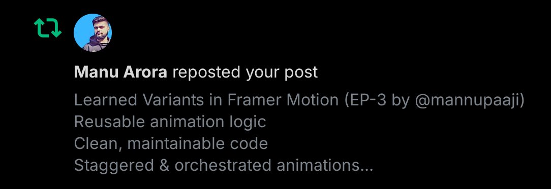 kiranrega's tweet image. Small win for today 🙂
@mannupaaji reposted my Framer Motion learning post!
Feels great when someone you learn from notices your progress 🙌
#FramerMotion #React #DevJourney #30dayscoding #UIUXDesign