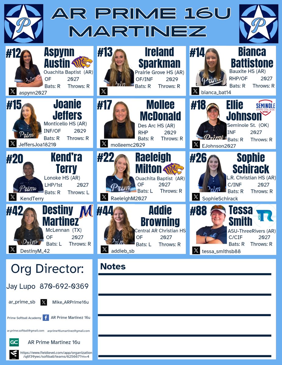 The ladies went 2-0 today to start out the Diamond State Invitational, and battle it out at 10am tomorrow for #1 seed in Pool B.

Tournament Bracket:
tourneymachine.com/R168215

GameChanger:
AR Prime Martinez 16U web.gc.com/teams/c96V17mm…

FieldLevel:
fieldlevel.com/app/organizati…