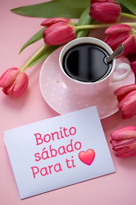 Pink tulips arranged on a soft pink surface next to a white cup filled with black coffee on a matching saucer accompanied by a silver spoon and a white card displaying the text Bonito sabado para ti with heart symbols