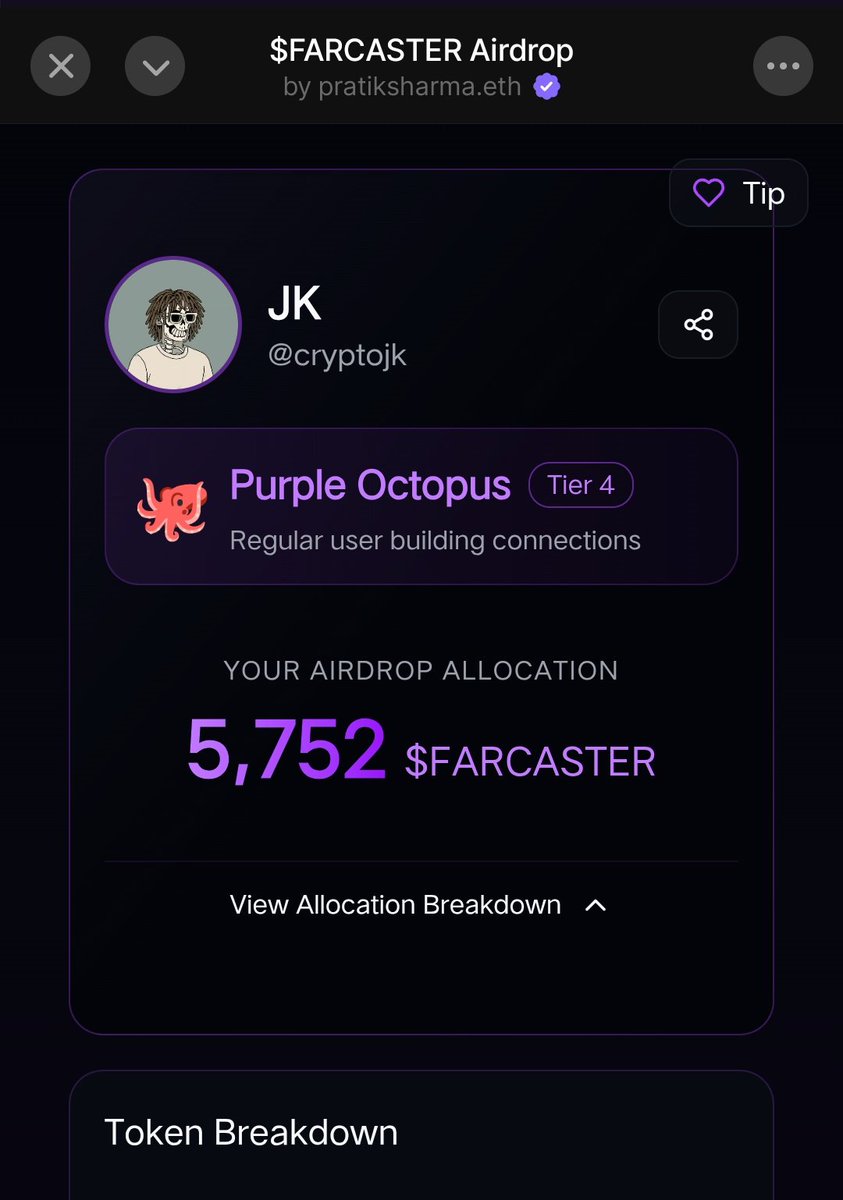 Someone just made <a href="/farcaster_xyz/">Farcaster</a> mock airdrop ( unofficial)

Chek here :- farcaster.xyz/cryptojk/0x714…

Criteria is :- 
Your total cast &amp; likes 
Your active days &amp; followers 
Farcaster pro nft holder