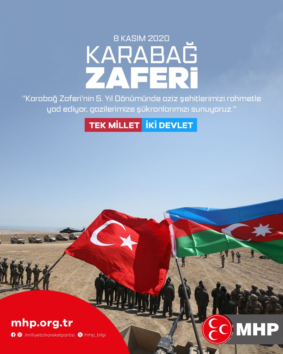 "Karabağ Zaferi'nin 5. yıl dönümünde aziz şehitlerimizi rahmetle yad ediyor, gazilerimize şükranlarımızı sunuyoruz."