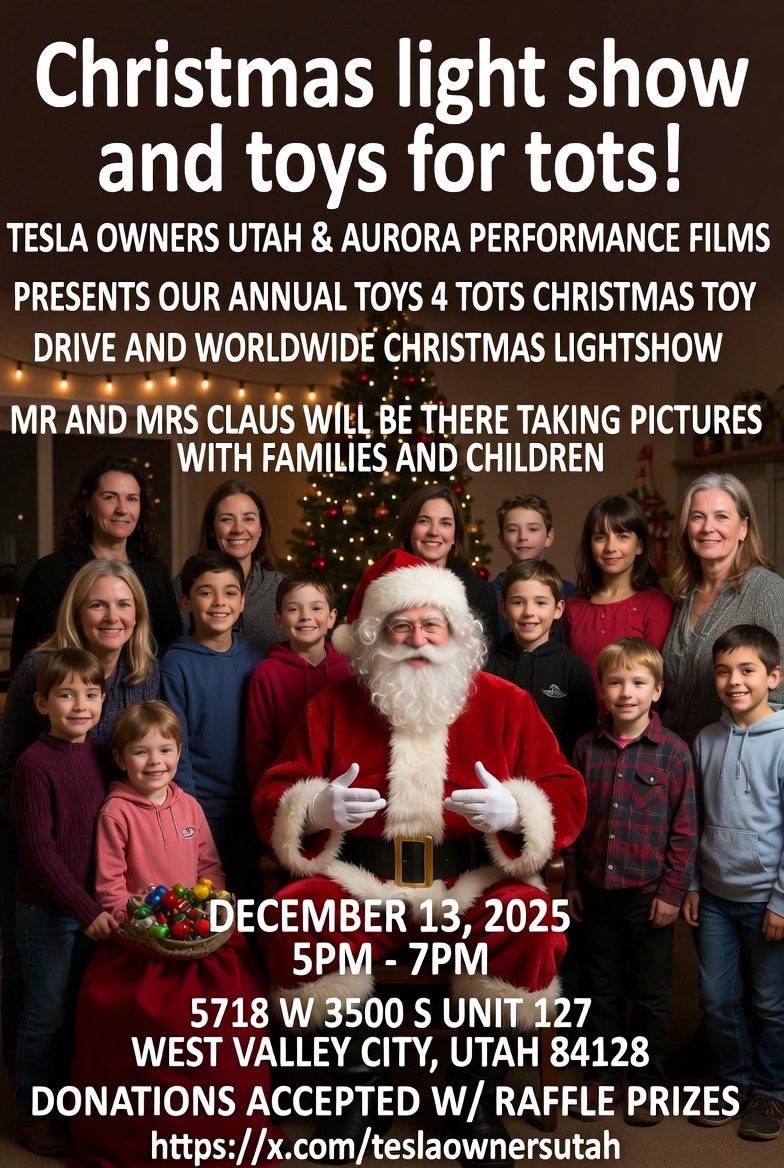 TeslaOwnersUtah's tweet image. Our Christmas toy drive and light-show event is happening on December 13th from 5-7pm. 

During the event we will accept donations for our local toys for tots organization.   

We’re looking forward to seeing you there!