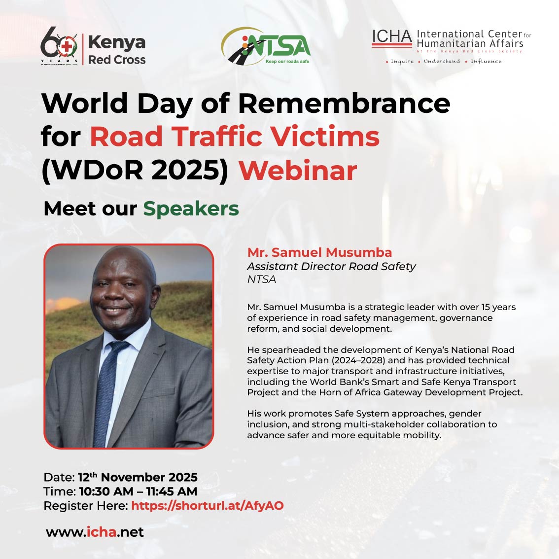 Today, we get to know our speakers for #WDoR202 Voices shaping Kenya’s road safety movement.

Join us  <a href="/KenyaRedCross/">Kenya Red Cross</a> &amp; <a href="/ntsa_kenya/">NTSA KENYA</a> for a virtual forum on “Lost Talents: Slowing Down to Save Lives.”

12 Nov | 10:30–11:45 AM
🔗 Register now: shorturl.at/AfyAO

#RoadSafety