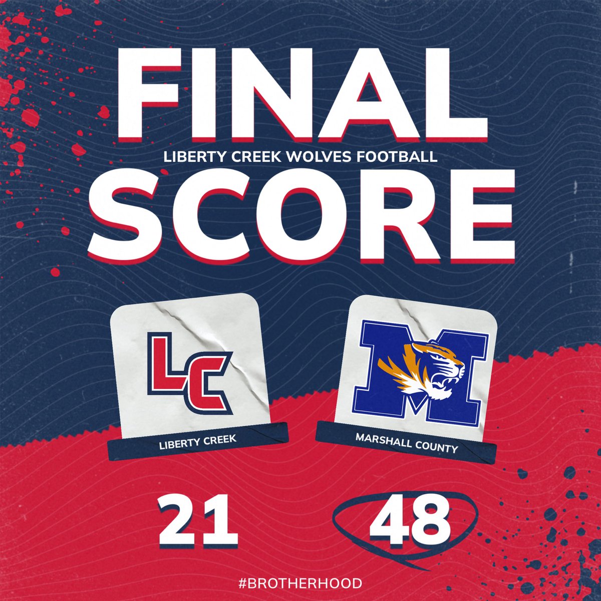Final score from Marshall County tonight. 

Thank you Seniors for writing your story and making an impact on Liberty Creek football!