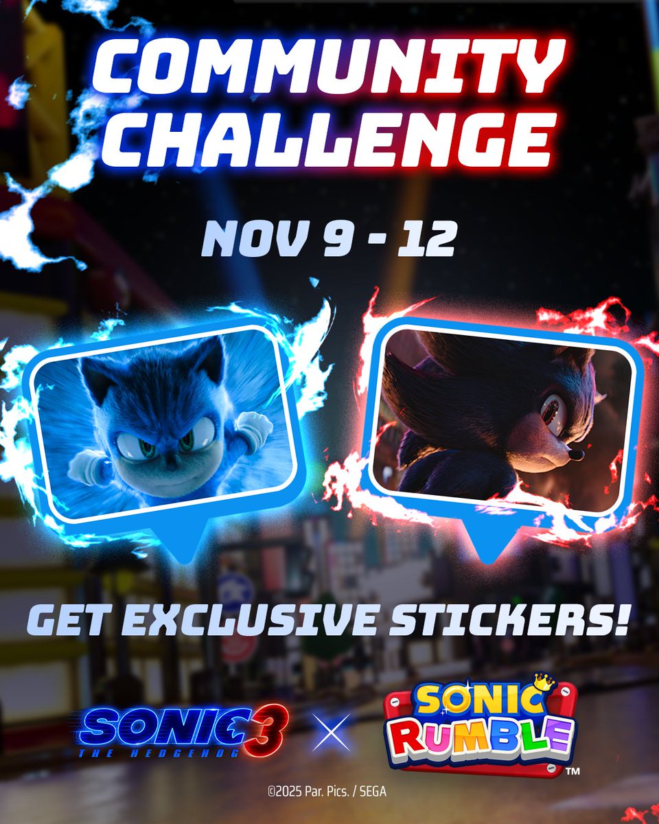 11/9(日)19:00より 『ソニックムービー3』コラボのコミュニティチャレンジ開催🥇 ✨ ＼ ステージで「シャドウコイン」をたくさん集めて  ソニックムービー3限定スタンプなどの獲得を目指そう‼ 報酬は期間中に全ユーザーが集めたコインのトータル枚数に応じて解放されます ...
