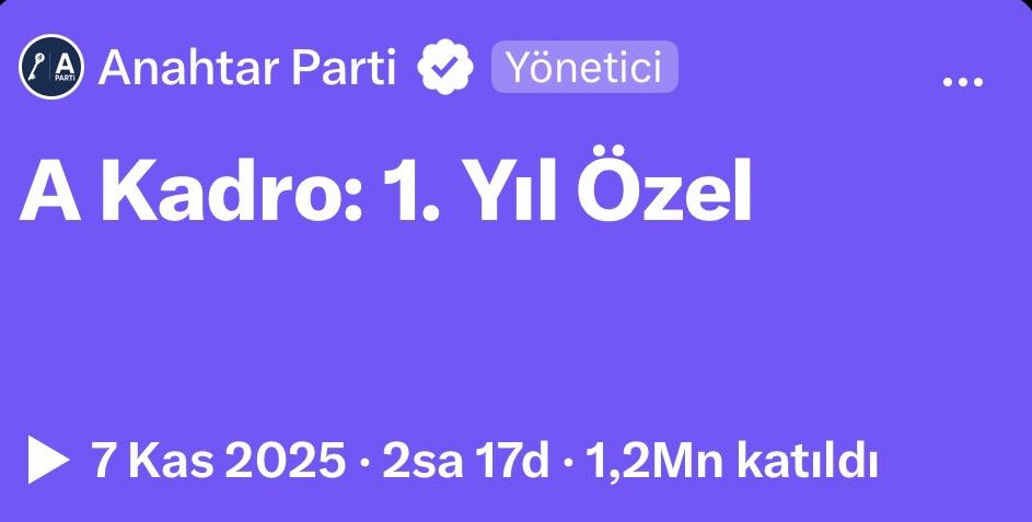 Anahtar Parti A Kadro 1. Yıl Özel ismiyle X (Twitter)’da açtığı Space yayınında 1,2 milyon katılımcıyla X üzerinde bir rekora imza attı.

Yayına Genel Başkan Yavuz Ağıralioğlu ve Genel Başkan Yardımcıları bağlanarak konuşmalarını gerçekleştirdi.

İki saati aşan yayında katılımın