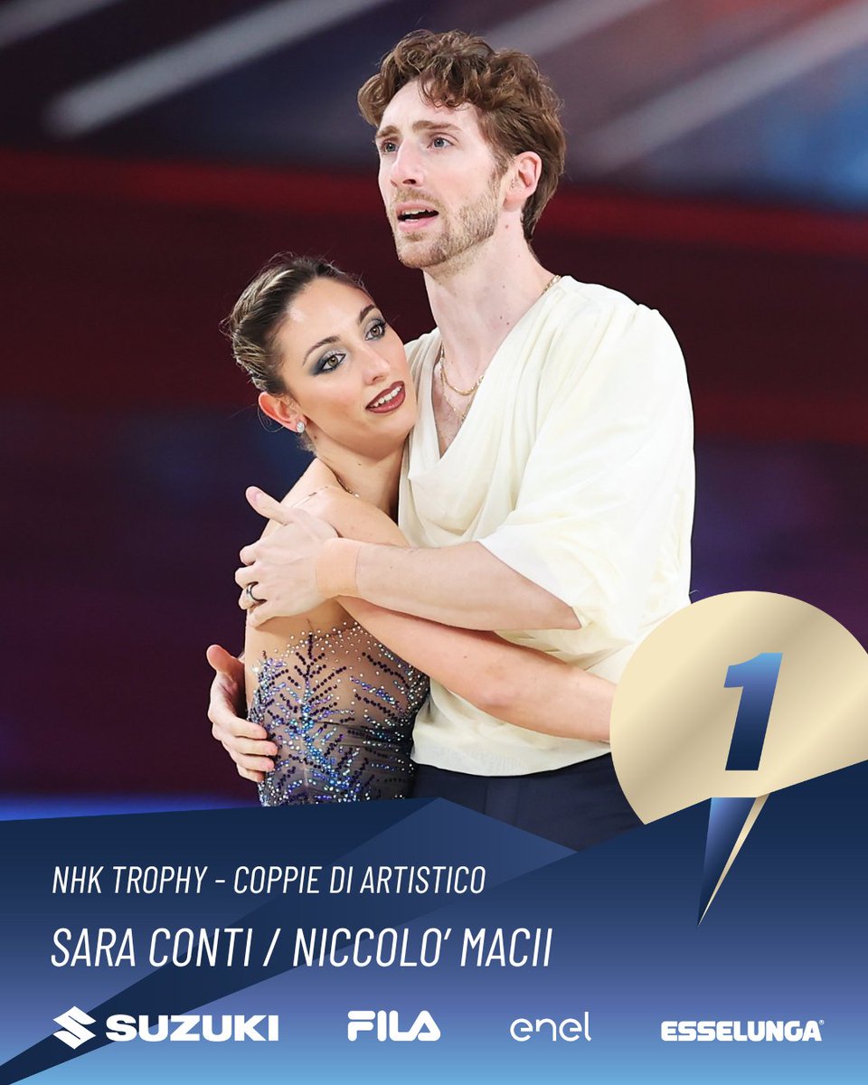 fisg_it's tweet photo. Sara Conti e Niccolò Macii si sono imposti nel NHK Trophy di Kadoma conquistando l'accesso alla finale del Grand Prix per il quarto anno consecutivo.

La coppia di artistico azzurra ha ottenuto il secondo successo della carriera in una tappa di qualificazione portando il bottino totale di podi, finali comprese, a dieci.

Conti e Macii, secondi al termine del programma corto, si sono imposti nel segmento più lungo di gara chiudendo la prova con 208.58 punti.