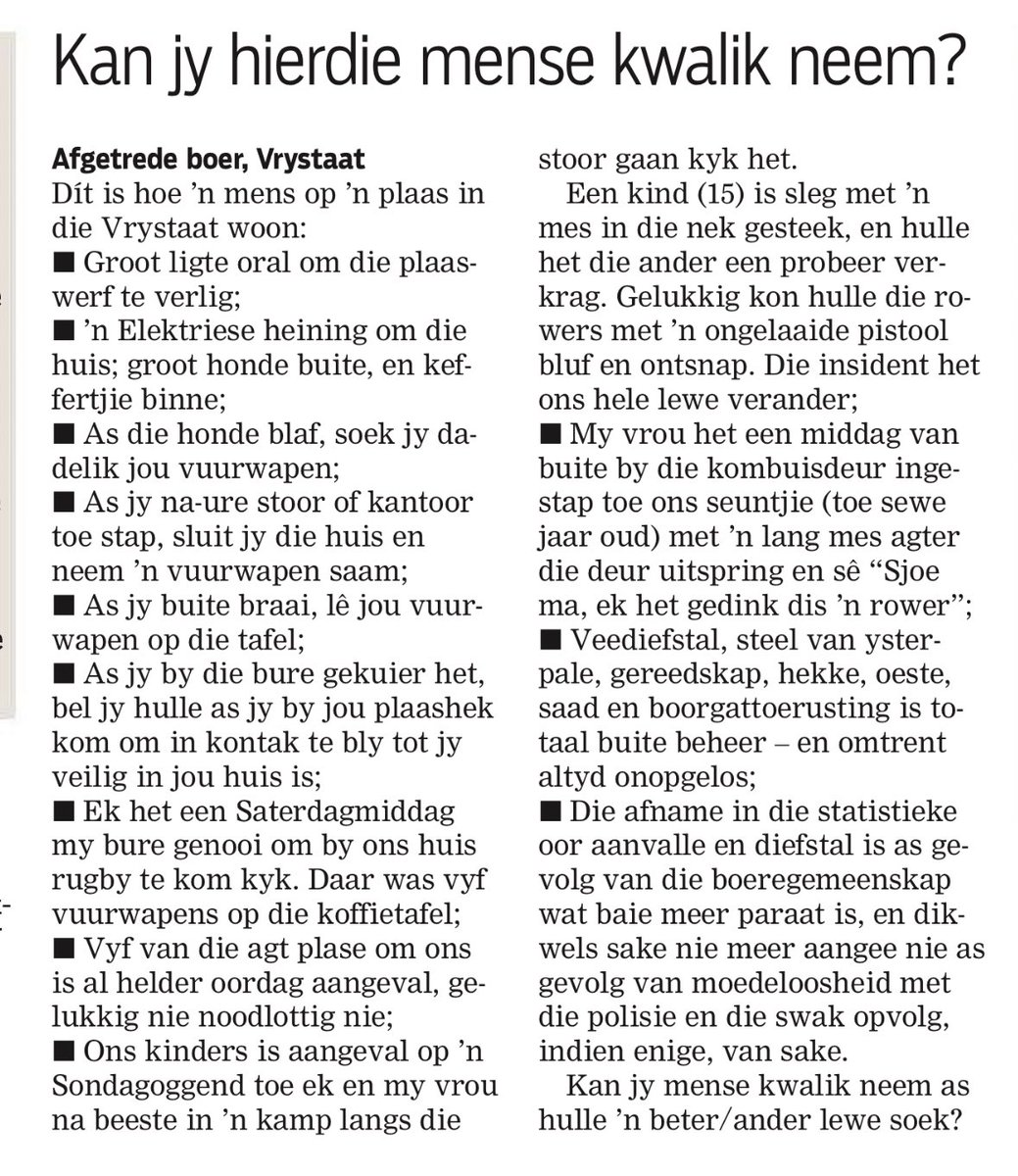 Brief in Die Burger vandag. Die harde lewe op ‘n Suid-Afrikaanse plaas. Feite!