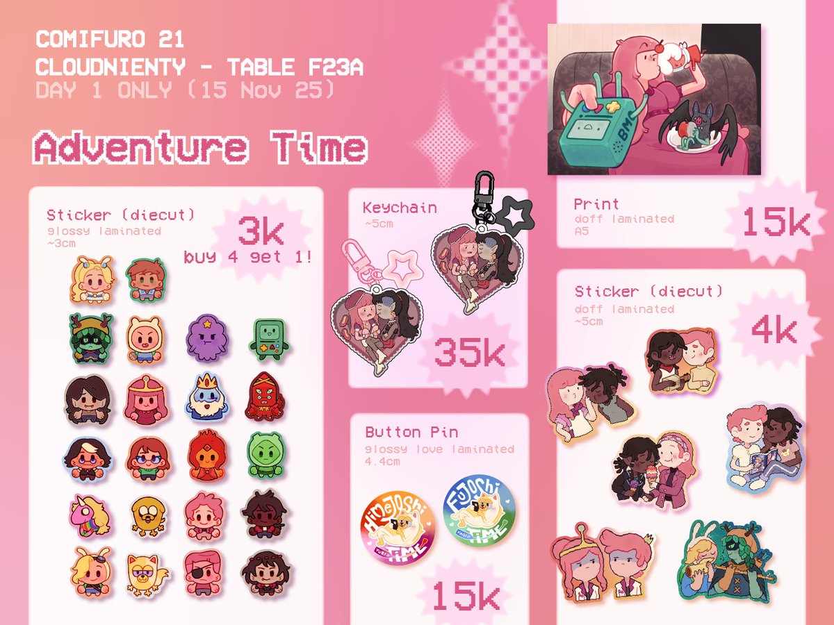 cloudnienty's tweet image. [💗&amp;amp;🔁 appreciated👩‍❤️‍💋‍👩]

my OTS only CF21 catalogue !!

📅15 November 25 (Day 1 Only)
❣️F23-A I.O.U.
💌 Adventure Time, Umamusume, Genshin Impact (a little bit of OCs if you squint)

#cf21 #comifuro21 #comifuro21catalogue