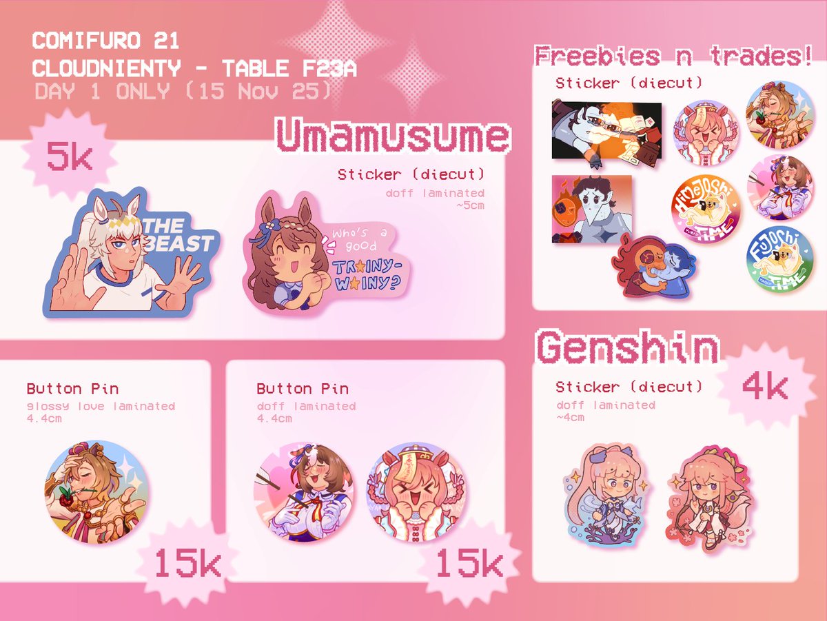cloudnienty's tweet image. [💗&amp;amp;🔁 appreciated👩‍❤️‍💋‍👩]

my OTS only CF21 catalogue !!

📅15 November 25 (Day 1 Only)
❣️F23-A I.O.U.
💌 Adventure Time, Umamusume, Genshin Impact (a little bit of OCs if you squint)

#cf21 #comifuro21 #comifuro21catalogue