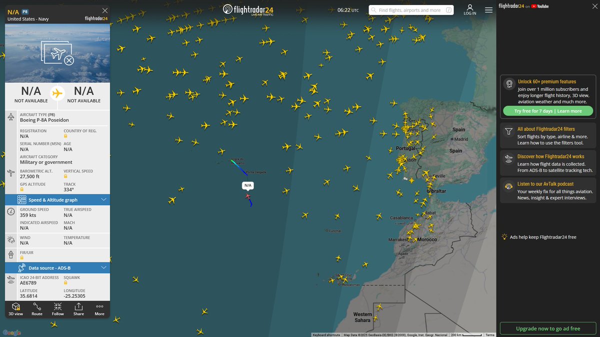 AIYeyENGDdJkjTr's tweet photo. Nov. 8, 2025
#Lajes Air Base, Terceira #North Atlantic
#NoCALLSIGN #AE6789 USN P-8A Poseidon
This P-8A appears to be supporting the movement of the #USS Gerald R. Ford (#CVN-78). https://t.co/1XRI5LYWv8