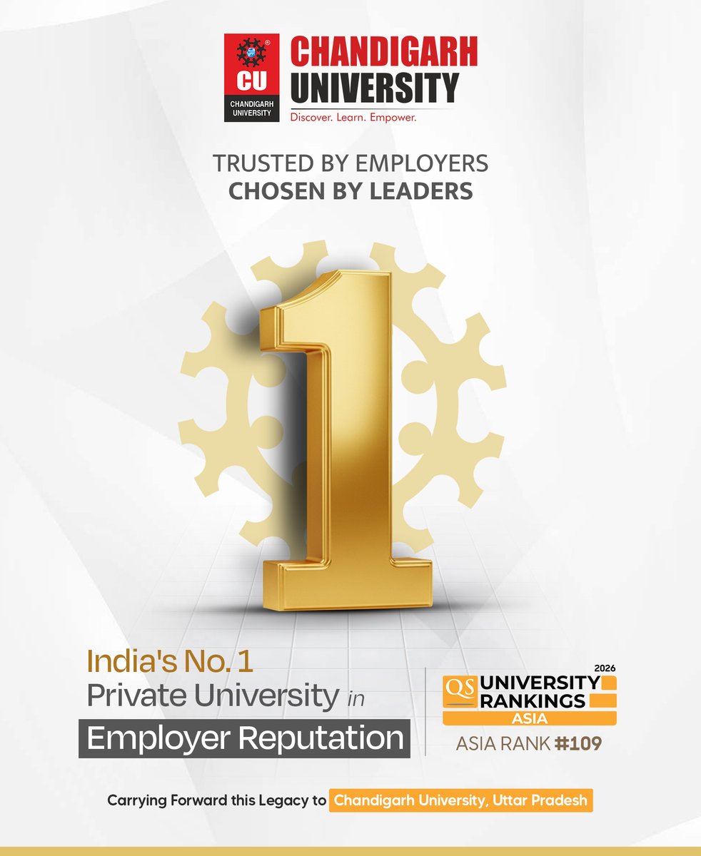 CUUttarPradesh's tweet photo. Chandigarh University Tops #EmployerReputation Among Private Universities in India in QS Asia University Rankings 2026

Chandigarh University has once again reinforced its leadership in global higher education by securing the 1st Rank in Employer Reputation among Private Universities in India in the QS Asia University Rankings 2026. Continuing its legacy of excellence, CU has been recognized as India’s No. 1 Private University for the third consecutive year, having held the top position in 2024 and 2025 as well.

CU’s consistent rise is a testament to its academic excellence, industry relevance, and future-focused vision. The university now proudly stands at:
- 6th position among Public and Private Universities in India
- 53rd Rank in Asia for Employer Reputation

In addition, Chandigarh University has earned:
- 2nd Rank in Academic Reputation among private universities
- 11th Rank among Public and Private Universities in India
- 115th Rank in Asia for Academic Reputation

With a remarkable climb from 185th position in 2023 to 109th in 2026, CU has achieved a 41.08% growth in overall performance - marking a visionary stride toward shaping a future-ready, innovation-driven academic ecosystem.

And with Chandigarh University, Uttar Pradesh, this legacy of excellence continues - shaping future leaders and setting new benchmarks in the holistic development of students. 

#QSRankings2026 #QSAsiaUniversityRankings #QSAsiaUniversityRankings2026 #ChandigarhUniversity #ChandigarhUniversityUP #CUPride #CUExcellence #No1PrivateUniversity #AcademicExcellence

@TopUnis @worlduniranking @Chandigarh_uni @satnamsandhuchd