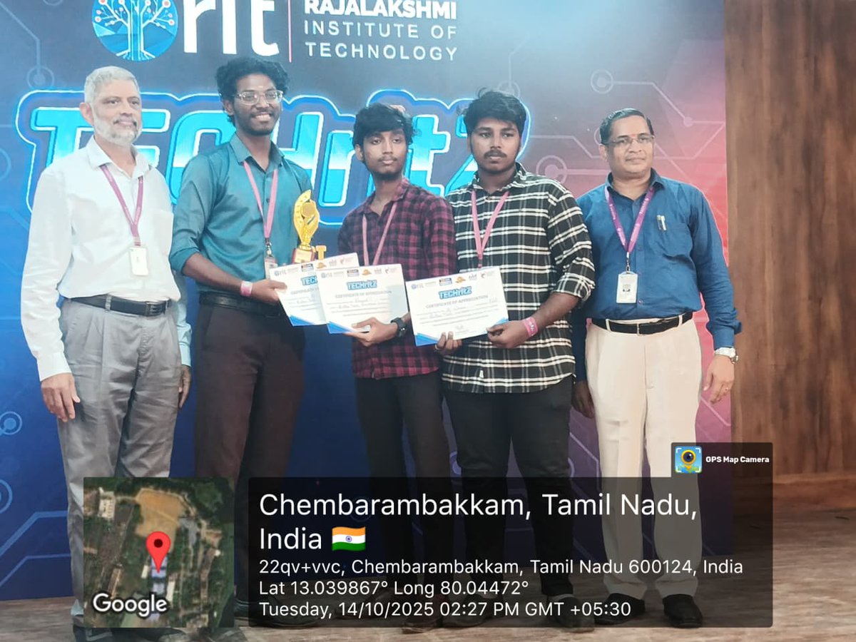 VelMultitech99's tweet image. 🏆 Proud moment for IT Dept!
Our students Durgesh T, Naveen K, Mohammed Yasar R, Antony S &amp;amp; Vijaya Kumar D (Batch 2023–2027) won the Overall Champion title in the technical event Ballon Trivial at TECHRITZ’25, Rajalakshmi Institute of Technology. 🎉 #VelTechMultiTech #Achievement