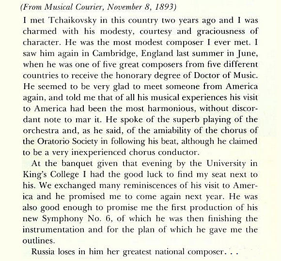 Tchaikovsky tribute, by leading American conductor, Walter Damrosch: