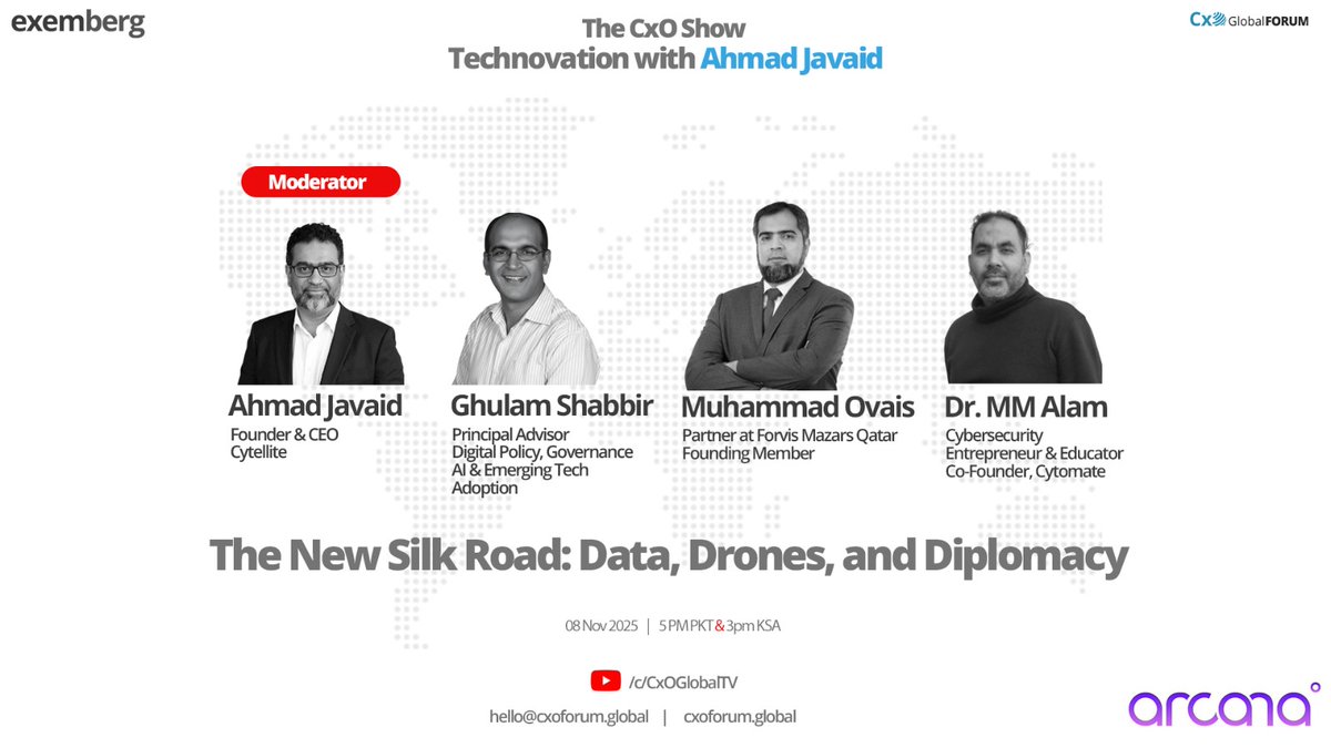 CxOGlobalForum's tweet image. The CxO Show | Technovation with Ahmad Javaid
Episode: The New Silk Road: Data, Drones &amp;amp; Diplomacy
How data, drones &amp;amp; digital diplomacy are redefining global power.

Watch now on CxO Global TV
youtube.com/@cxoglobaltv?s…

#CxOGlobalForum #Technovation #AI #Innovation #CxOShow