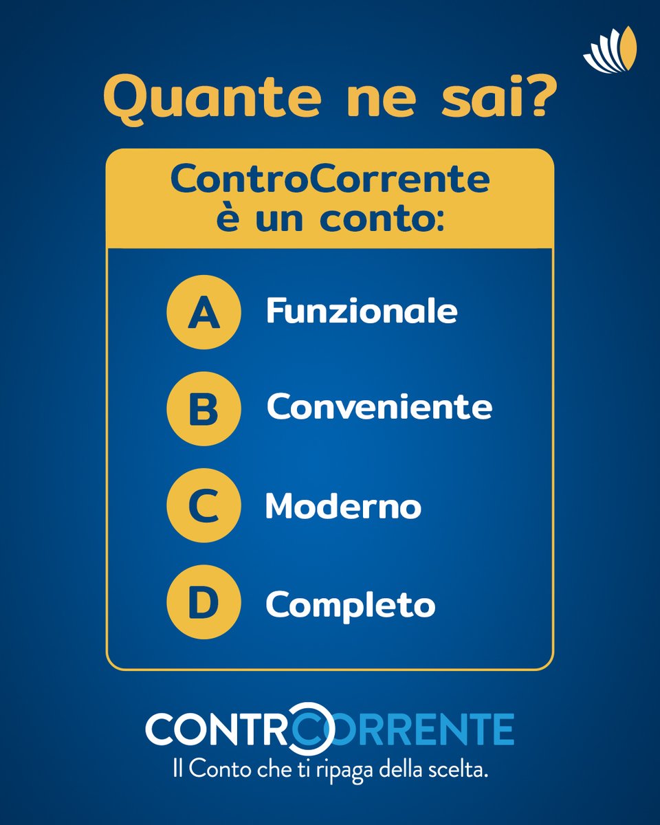 ControCorrente è la risposta a tutte le tue esigenze.
È la scelta di chi ha bisogno di un conto per tutti i giorni, completo di tutti i metodi di pagamento, tradizionali e innovativi.
👉🏻Scoprilo: controcorrente.it/?IDadv=1472

(Mes. Pub. Fogli info su controcorrente.it)