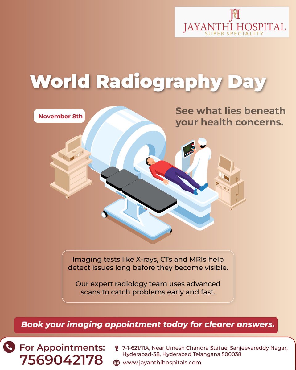 JayanthiHsptls's tweet image. Happy World Radiography Day! Today, we celebrate the vital role of radiologists and radiographers who use advanced imaging to diagnose and treat diseases early. At Jayanthi Hospitals, our radiology department ensures accurate scans and precise treatments.
#WorldRadiographyDay