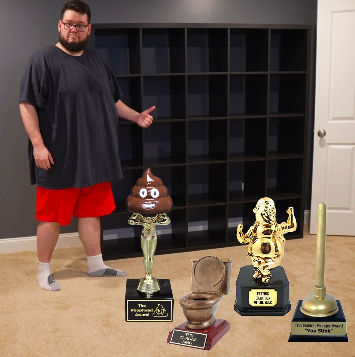 IsFlatsClogging's tweet photo. Which award do you think should go on @Flats_OW 's shelf first? And can you guess how he earned each one? 💩 https://t.co/W0dr4VUhhN