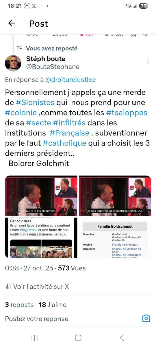 BouteStephane's tweet photo. @LLezard54636 @ZemmourEric @CNEWS Tu est là honte de ta #religion en temp que #Sionistes.
Alors fout la paix a celles des #autres.
Parler de #dieux en étant suporter de #tsaloppes #tueurs d #enfants.
Pauvres ignares indignes de représenter une brosse a chiotte..
Tu n est pas tomber sur le bon client avec moi .. https://t.co/tC8Yen8hN3