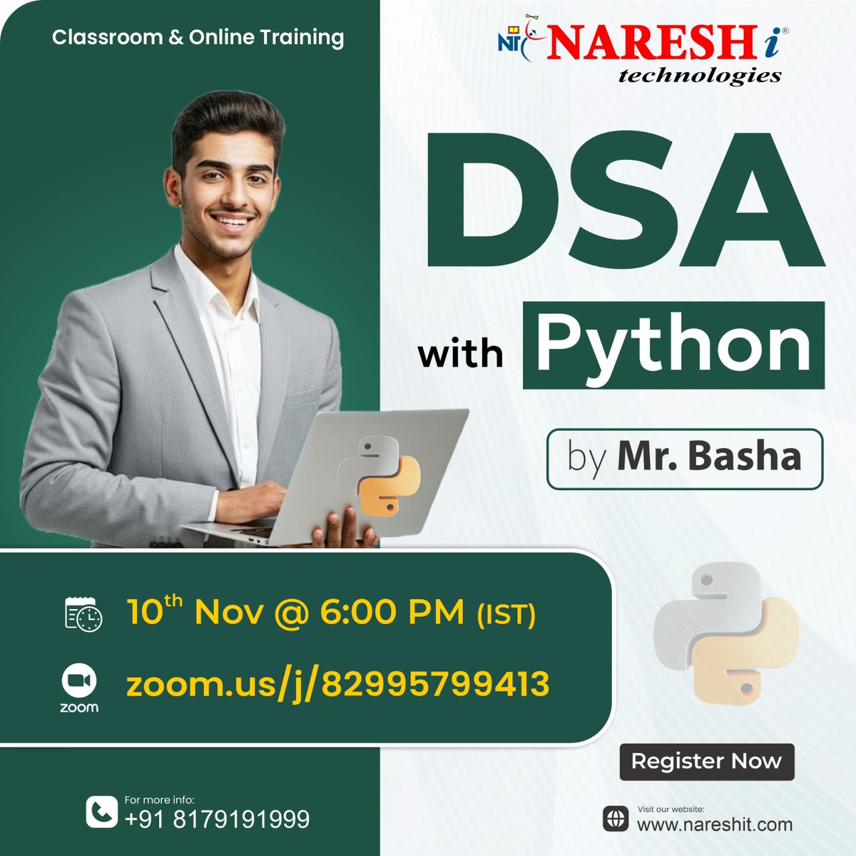 nareshitech's tweet image. 🚀 Level Up Your Coding Game!
Join our Data Structures &amp;amp; Algorithms with Python 🐍 

Register Now: t.ly/DSA-10N

👨‍🏫 Trainer: Mr. Basha (Working Professional)
📅 Starts: 10th November
🕕 Time: 6:00 PM (IST)

#NareshIT #PythonTraining #DSA #CodingSkills #Algorithms