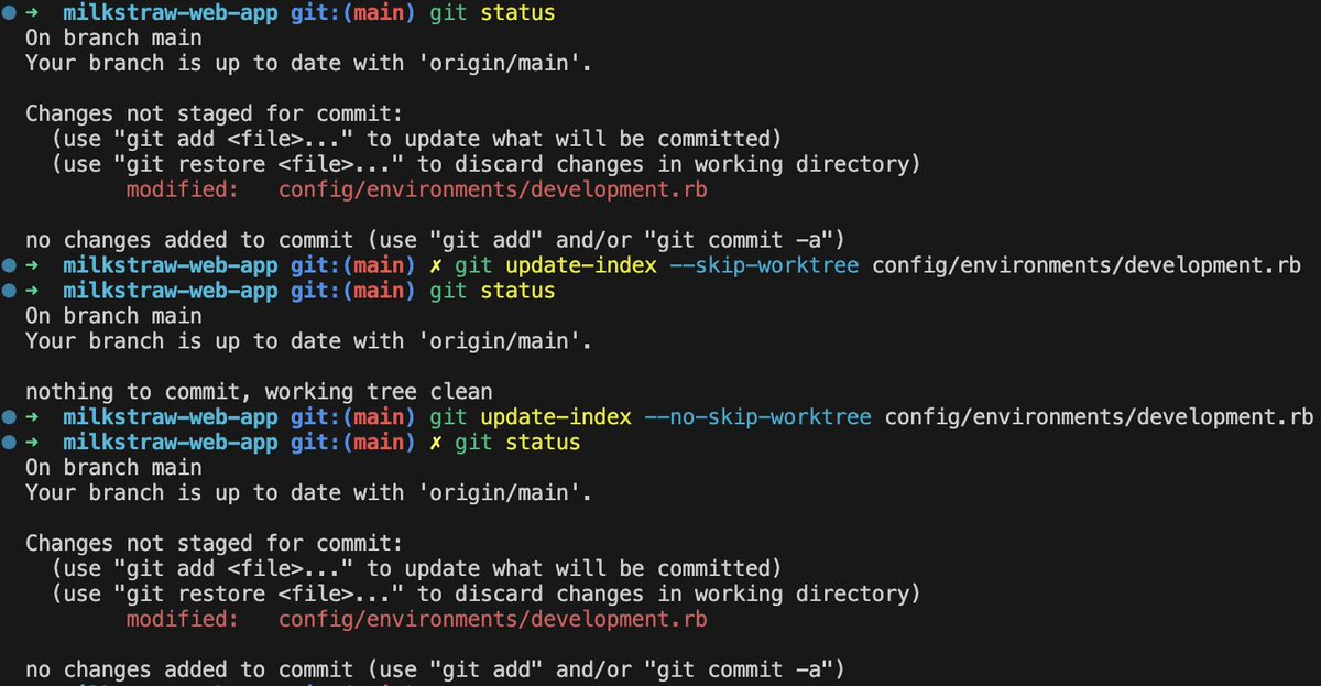 I often tweak local config files like 𝚌𝚘𝚗𝚏𝚒𝚐/𝚎𝚗𝚟𝚒𝚛𝚘𝚗𝚖𝚎𝚗𝚝𝚜/𝚍𝚎𝚟𝚎𝚕𝚘𝚙𝚖𝚎𝚗𝚝.𝚛𝚋 or other files, but I never want to commit those changes
Still, every time I run git status, they keep showing up and it drives me crazy!

I just found a simple trick to stop
