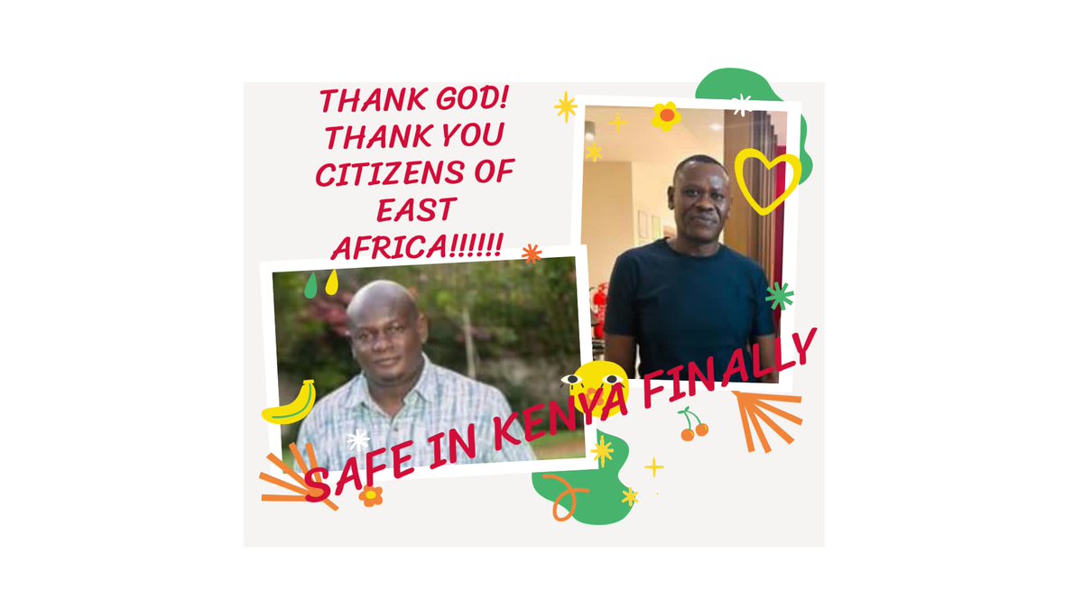 Ylue13's tweet photo. We the family, friends, colleagues, and fellow countrymen say THANK YOU to the Almighty God.
Nicholas Oyoo and Bob Njagi are
We rejoice, they are safe in Kenya. 
#ThankYouEastAfrica #SafeInKenya  
#FreeNicholasOyoo #FreeBobNjagi  
#PrayerforReleaseAndJustice https://t.co/qEJQ5iLneT