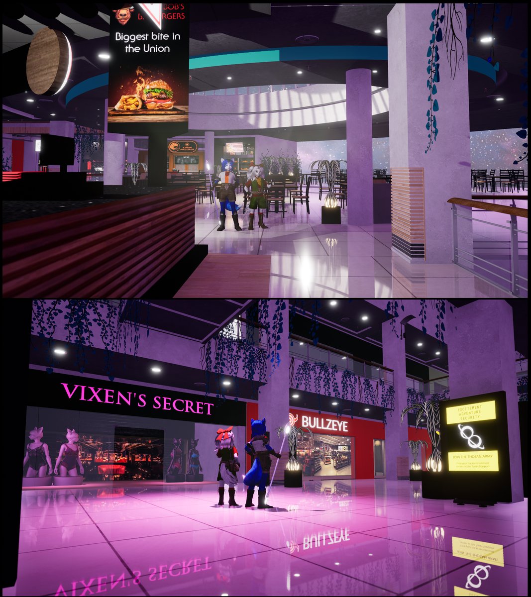 Test shots of the mall that Star Fox goes to in the next animation I am working on. It's loosely based on a real mall that just shut down forever several weeks ago, with some parodies of real stores and a few fictional ones that I thought sounded cool for #starfox #krystal