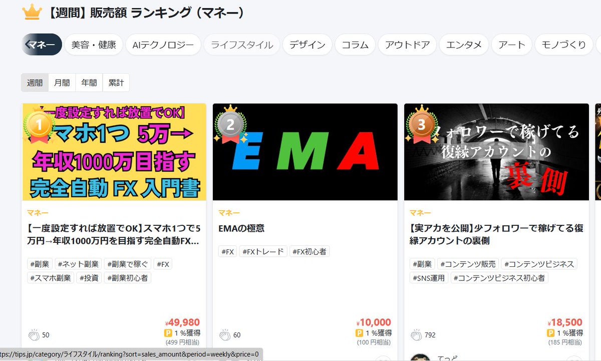 副業コンテンツの無料コンサルをさせて頂いたぷにすけさん、TIPSの売上でも1位はすごい..。 これは僕の実績にも使わせて頂きます笑☺