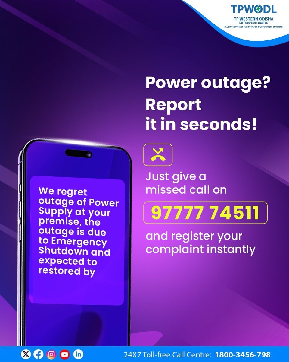 Stay connected, even during outages! 
Give a quick missed call to 97777 74511 and lodge your complaints from your registered number. 

#TPWODL #MissedCallService #CustomerFirst