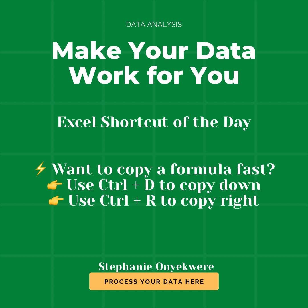 stephanieonykwe's tweet image. Excel Shortcut of the Day

⚡ Want to copy a formula fast?
👉 Use Ctrl + D to copy down
👉 Use Ctrl + R to copy right

#ExcelShortcuts #ExcelTips #LearnExcel