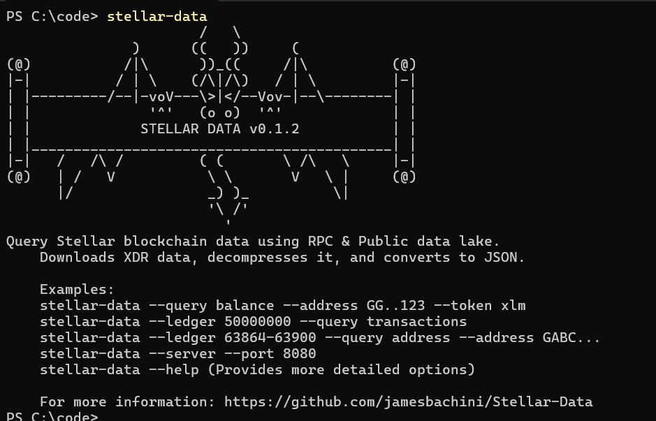I've published the stellar-data tool to crates
(thank you <a href="/___leigh___/">Leigh</a> )

cargo install --locked stellar-data
stellar-data --help

It's a command line tool and API server for <a href="/BuildOnStellar/">Build on Stellar</a>,  you tell it what you want and it returns JSON

Hope it's helpful 🀄