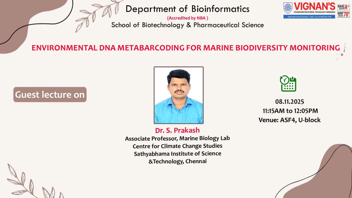 Prakash_caridea's tweet photo. Happy to share my insights on the "Environmental DNA Metabarcoding for Marine Biodiversity Monitoring" to Bioinformatics students at Vignan University, Guntur. @SathyabamaSIST @Sasipraba14
#EDNAMetabarcoding #MarineBiodiversity #VignanUniversity #Sathyabama #ClimateChange https://t.co/c0hkZjSwru
