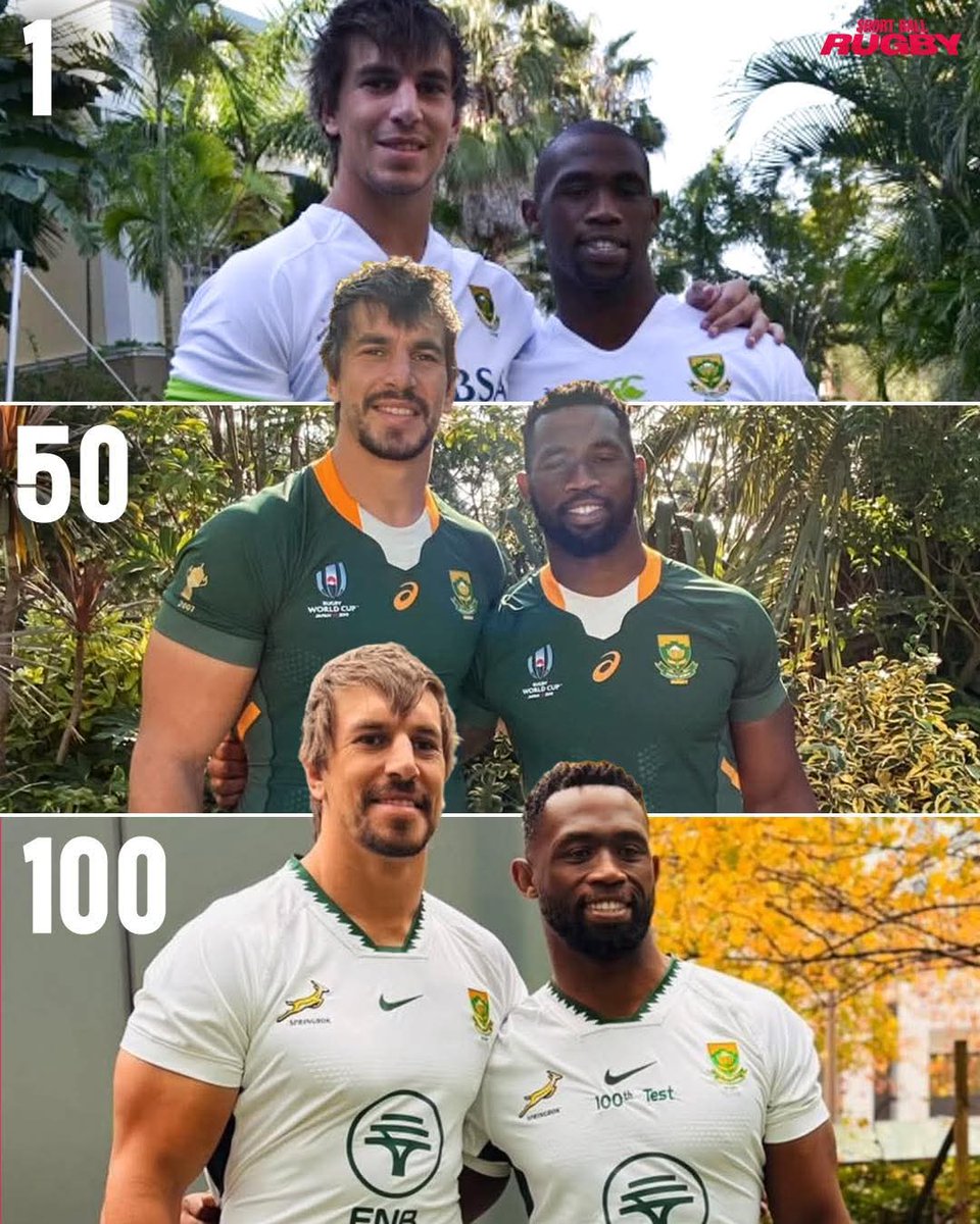 𝐃𝐚𝐲 𝐨𝐧𝐞.

Eben Etzebeth with Siya Kolisi from his first cap to his 100th.