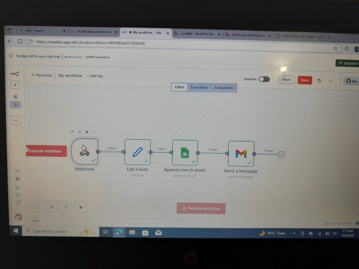 aliyu_saad29586's tweet image. Took almost an hour. My first n8n automation is finally working. Thank you @AutomationKing0 and @Tech_babby for the opportunity.