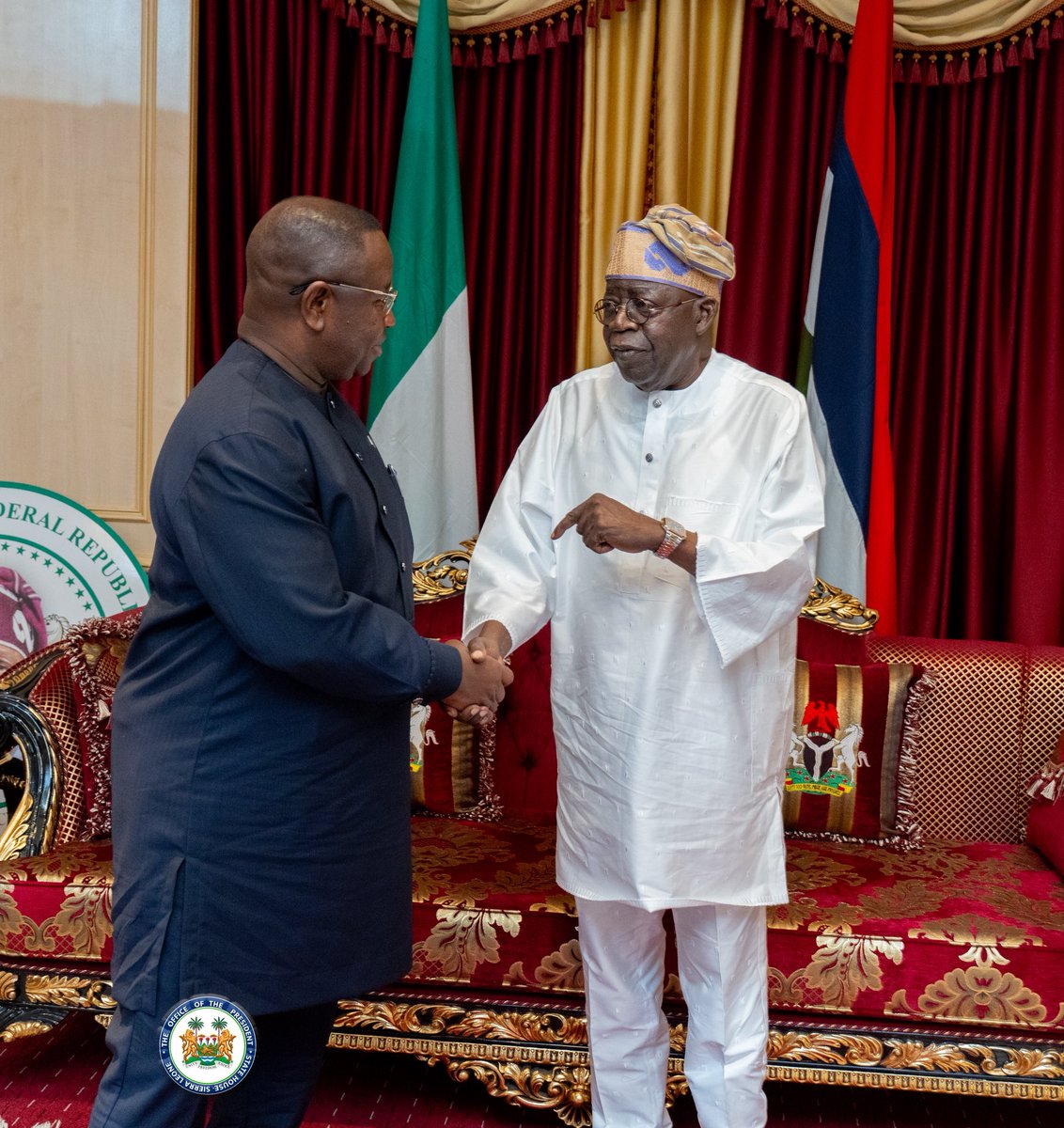 President Bola Tinubu engaged in a closed-door meeting with Sierra Leone's President Julius Bio on Friday evening at the State House in Abuja.

The discussions taking place on Friday are occurring four months subsequent to Bio taking on the role of chairman of the ECOWAS