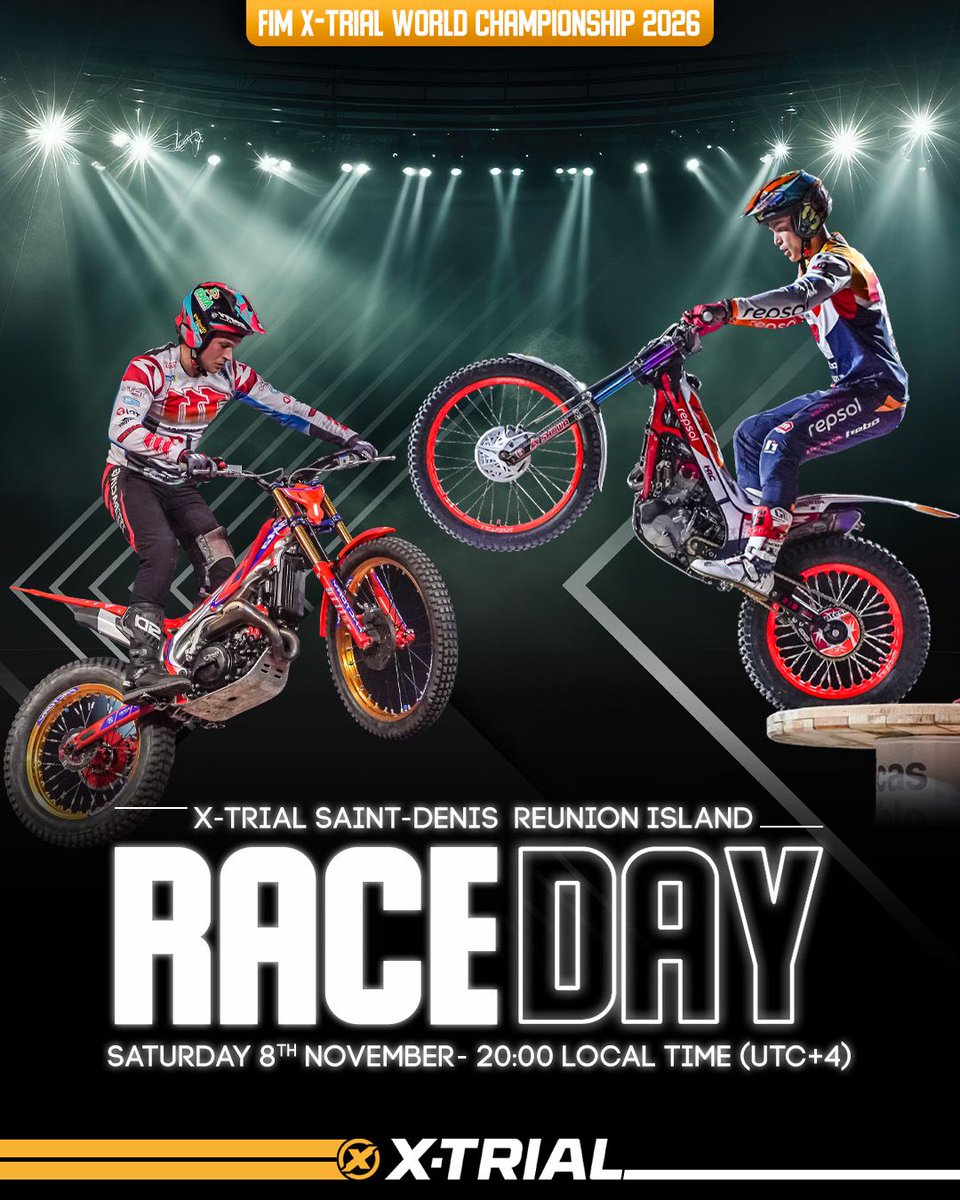 Today it’s X-TRIAL time… in paradise 🌴⚡️
Saint-Denis, La Réunion 🇷🇪 get ready for the show!
See you tonight at 20h00 local time (17h00 CET) 🕗💥
#XTrial #LaReunion #Raceday #Trial #XTrialWorldChampionship #SaintDenis #MotorcycleTrial